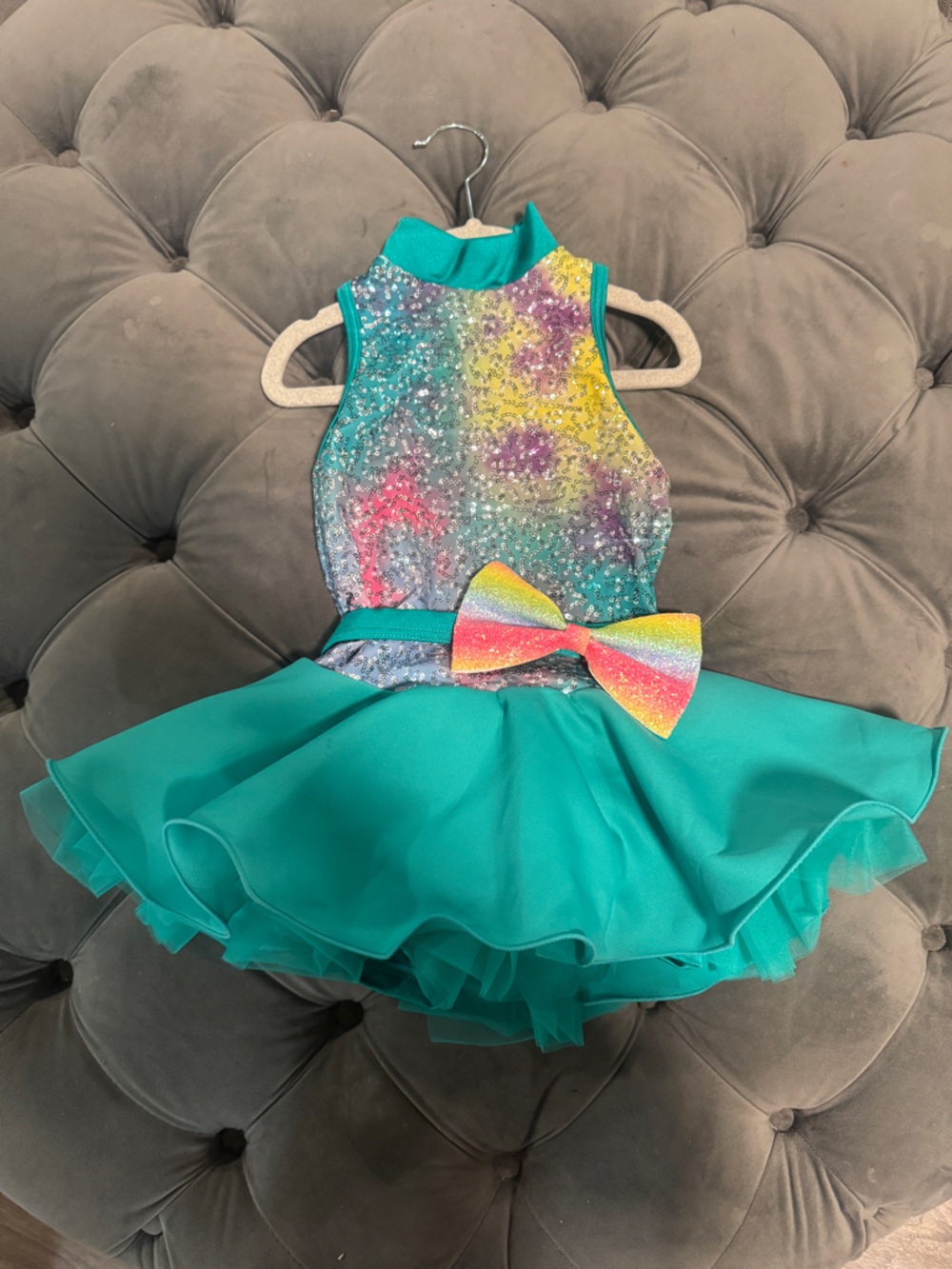 Teal Ruffled Sparkle Girl's Dance Costume with Rainbow Bow
